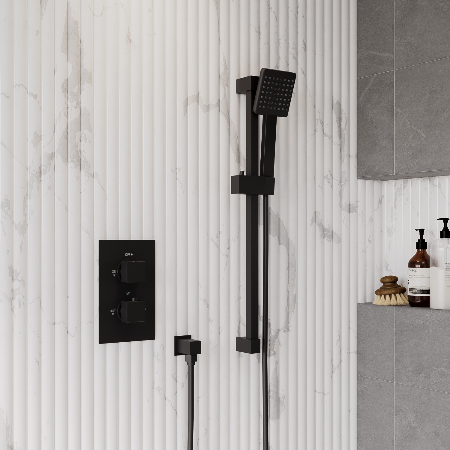 Black Concealed Thermostatic Mixer Shower with Slide Rail Kit & Square Handset - Zana