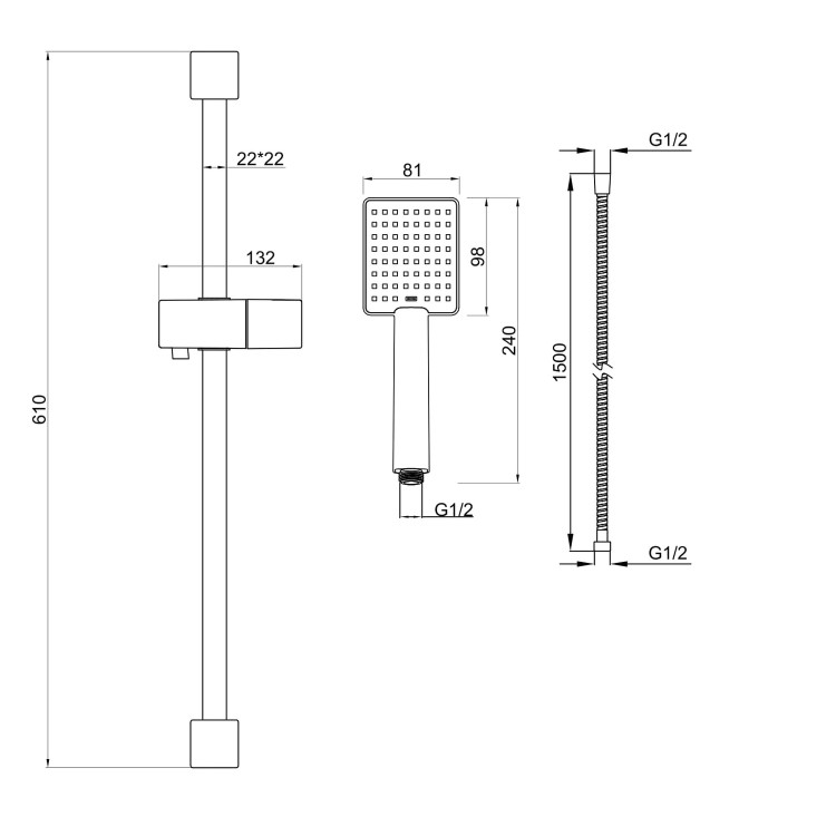 Black Square Adjustable Height Slide Rail Kit with Hand Shower - Zana