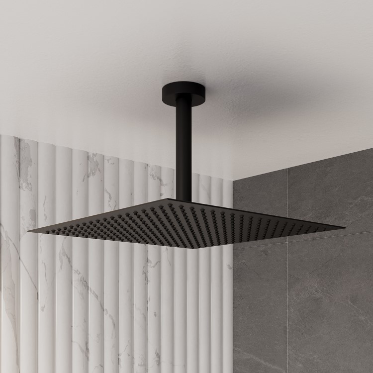 Zana Matt Black 250mm Slim Square Shower Head and Ceiling Arm