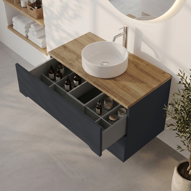 800mm Anthracite Wall Hung Countertop Vanity Unit with Oak Worktop and Basin - Morella