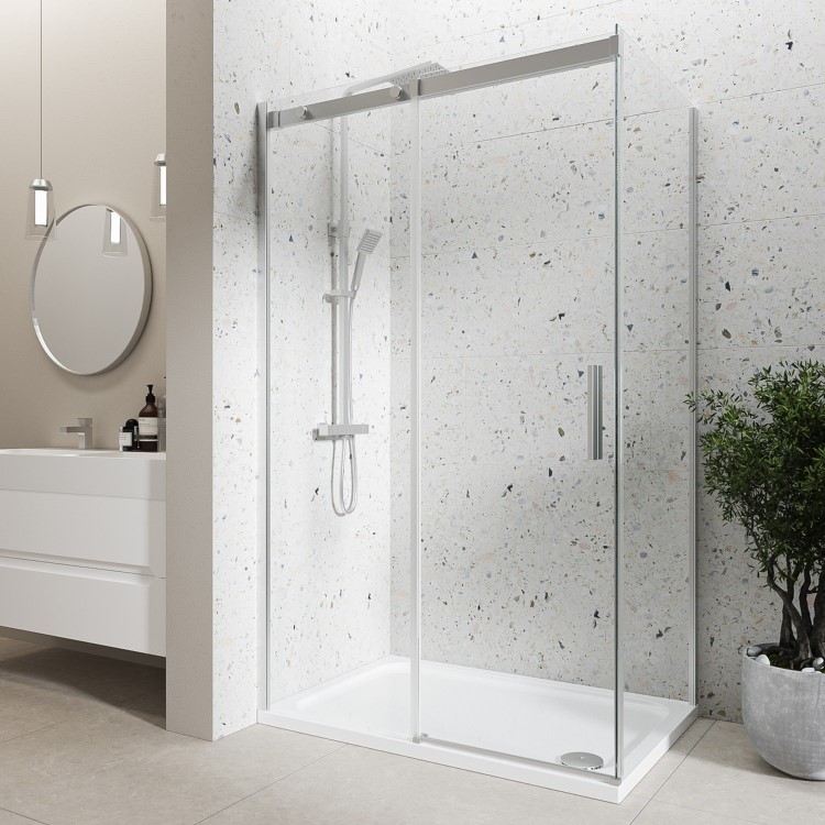 Chrome 8mm Glass Frameless Rectangular Sliding Shower Enclosure with Shower Tray 1000x900mm - Aquila