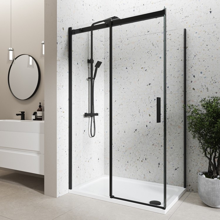 Black 8mm Glass Frameless Rectangular Sliding Shower Enclosure with Shower Tray 1200x800mm - Aquila