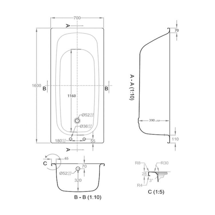 Single Ended Steel Bath with 2 Tap Holes - 1600 x 700mm