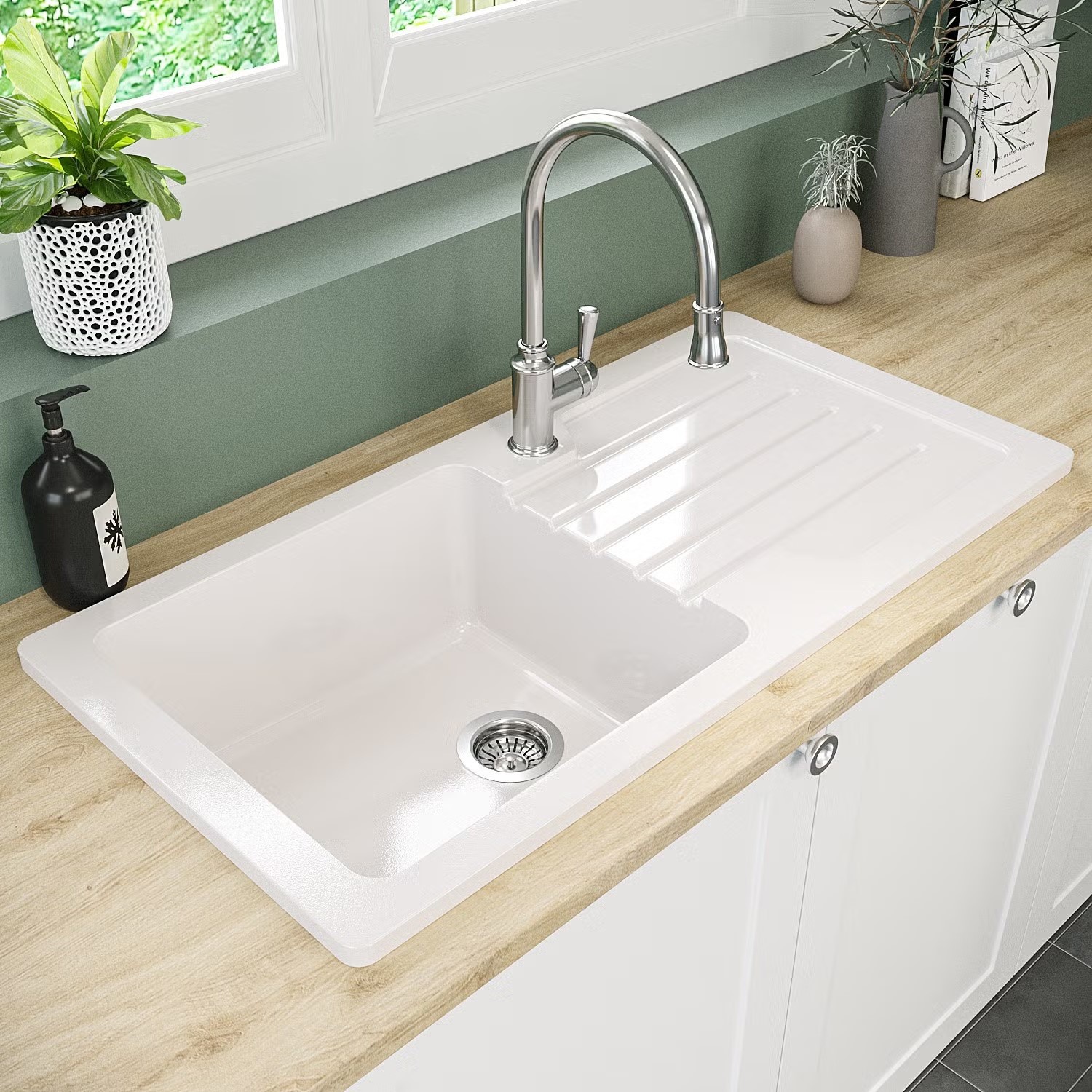 Single Bowl Inset White Ceramic Kitchen Sink with Reversible Drainer ...