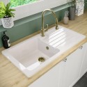 BUN/BeBa_27396/90885 Single Bowl White Reversible Ceramic Inset Kitchen Sink with Brushed Brass Pull Out Mixer Tap Set - Taylor & Moore