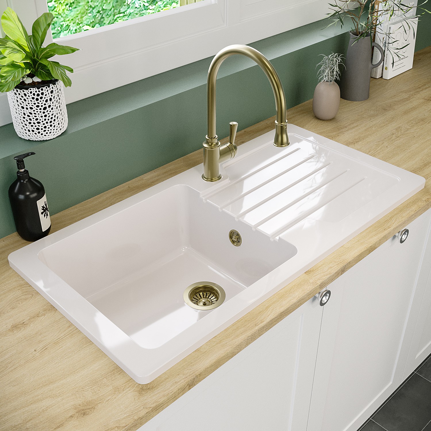 1 Bowl White Ceramic Kitchen Sink with Brushed Brass Pull Out Kitchen Mixer Tap - Taylor & Moore