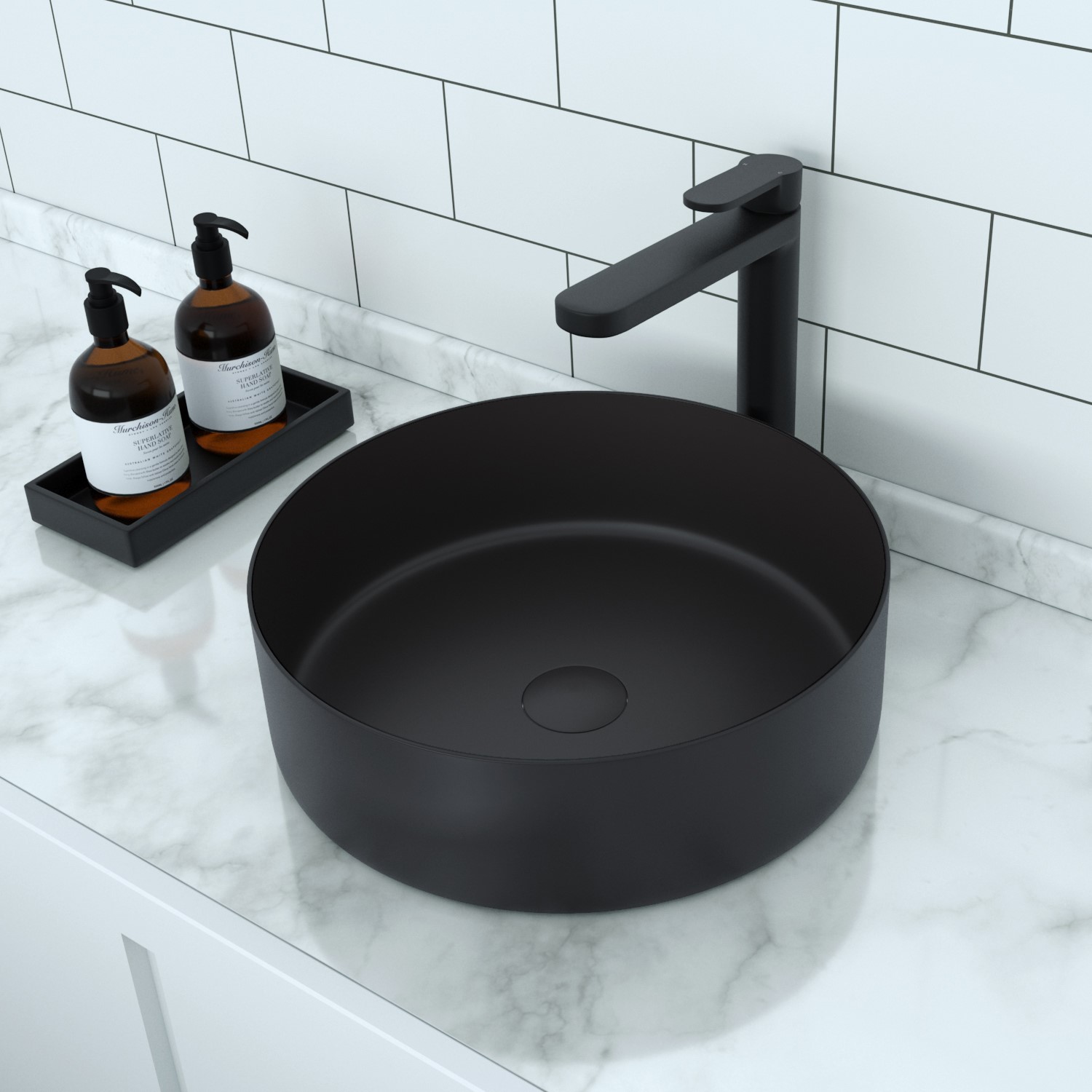 Stainless Steel Black Round Countertop Basin with Tall Mixer Tap - Zorah