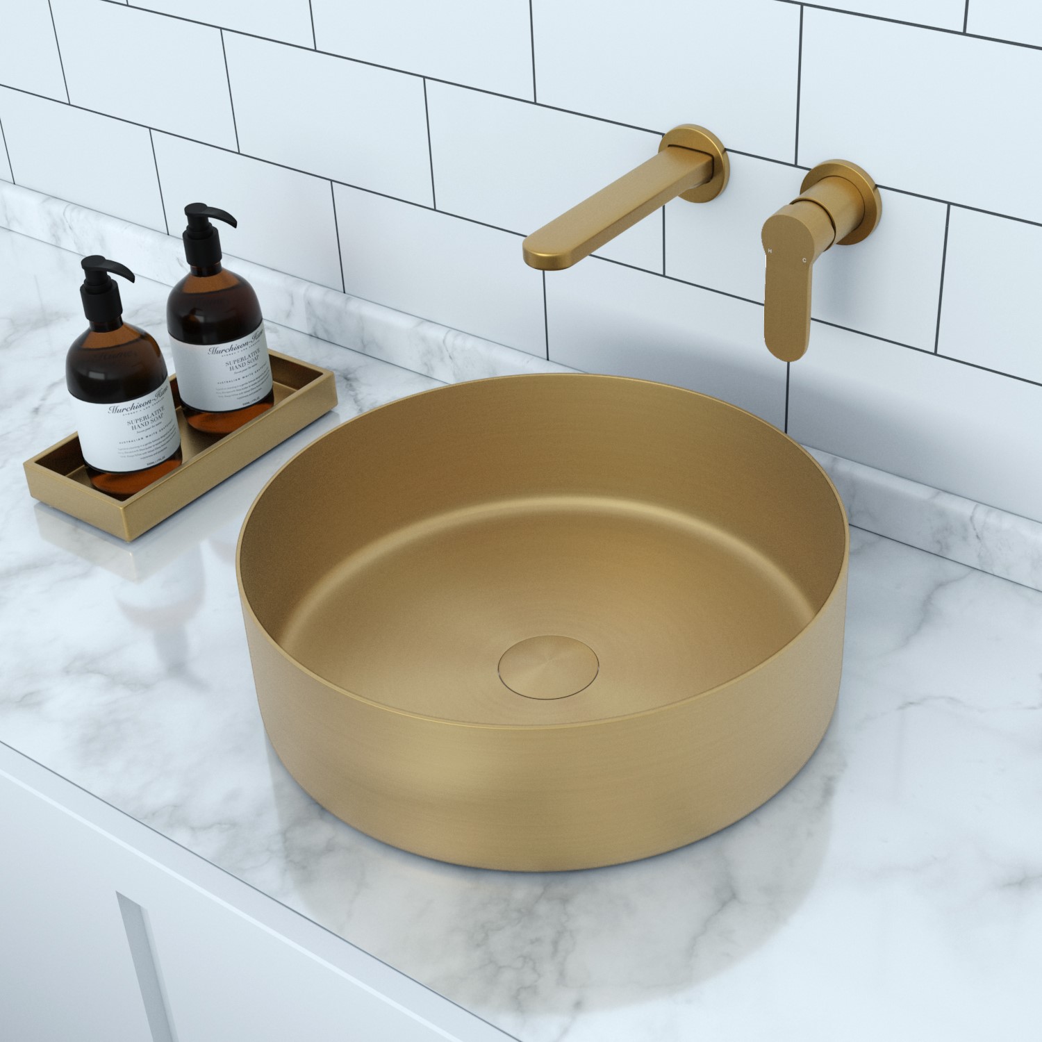 Stainless Steel Brass Round Countertop Basin with Wall Mounted Mixer Tap - Zorah