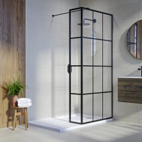 700mm Black Grid Shower Screen for Wet Room & Walk In Shower with 300mm Fixed Panel- Nova