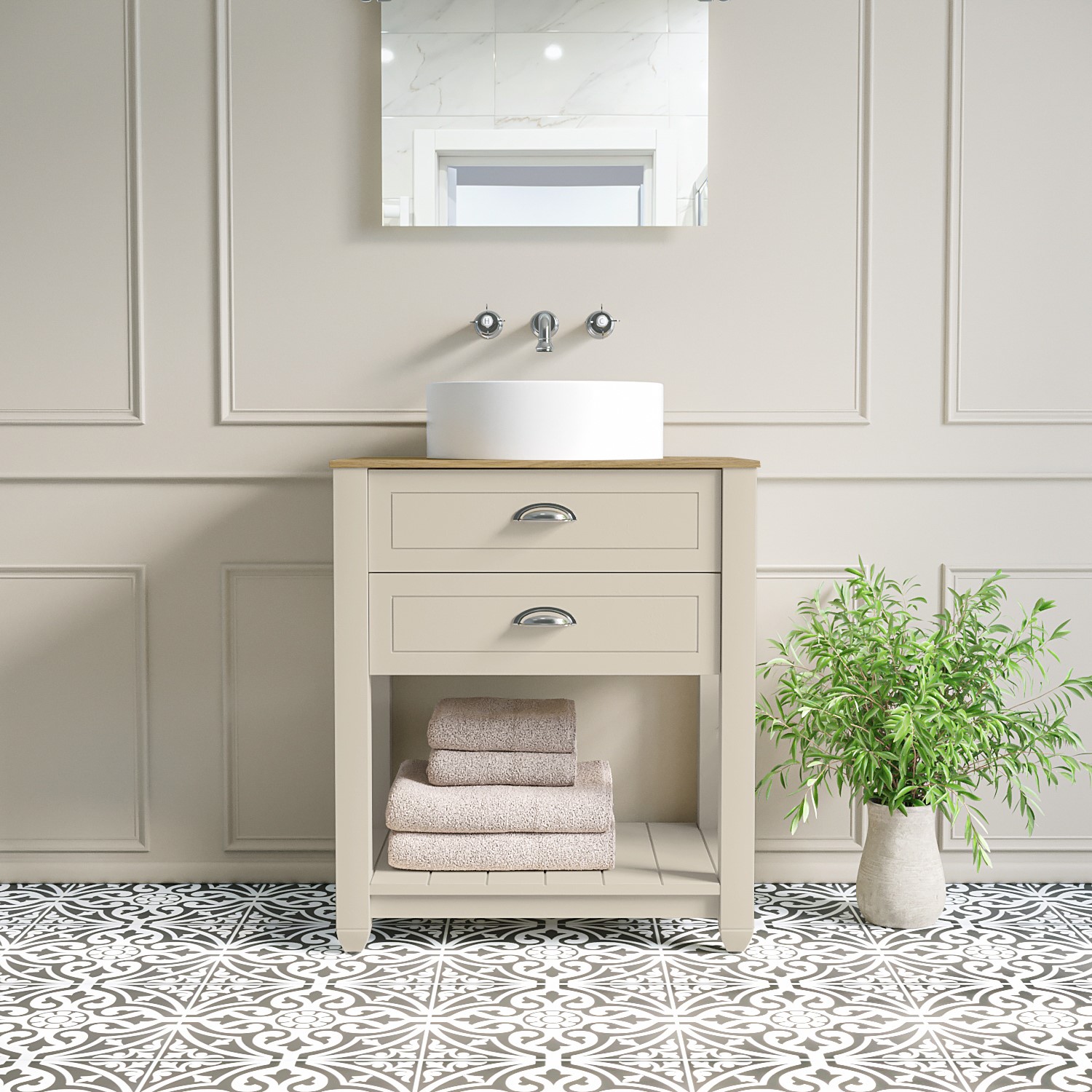 650mm Beige Freestanding Countertop Vanity with Wood Effect Worktop and Basin - Kentmere