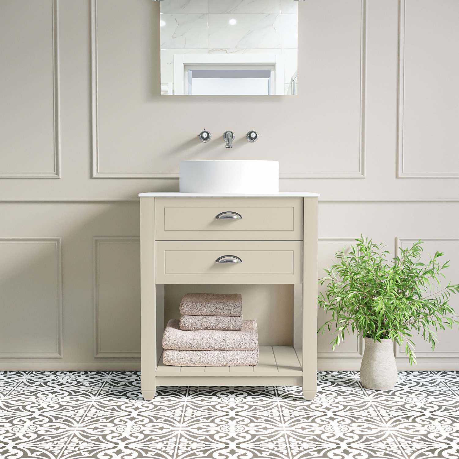 650mm Beige Freestanding Countertop Vanity with White Worktop and Basin - Kentmere