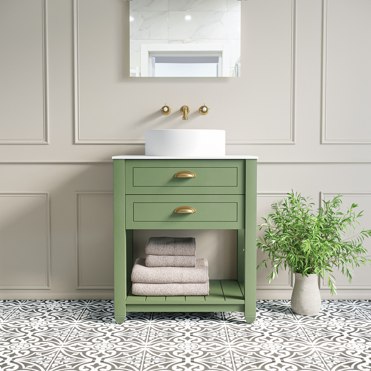 650mm Green Freestanding Countertop Vanity with White Worktop and Basin - Kentmere