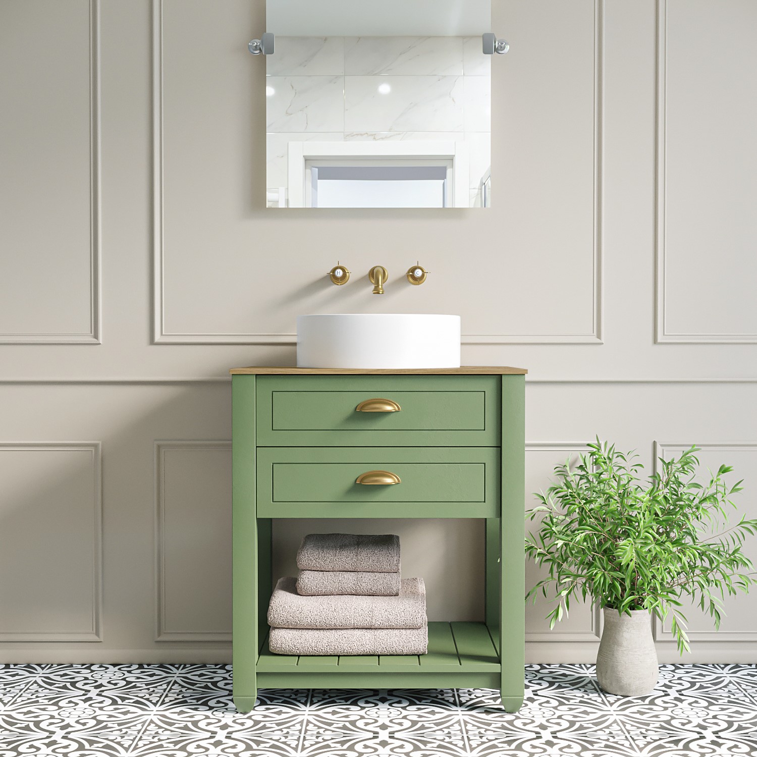 650mm Green Freestanding Countertop Vanity with Wood Effect Worktop and Basin - Kentmere