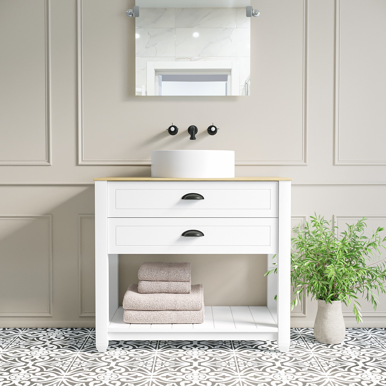 850mm White Freestanding Countertop Vanity with Wood Effect Worktop and Basin - Kentmere
