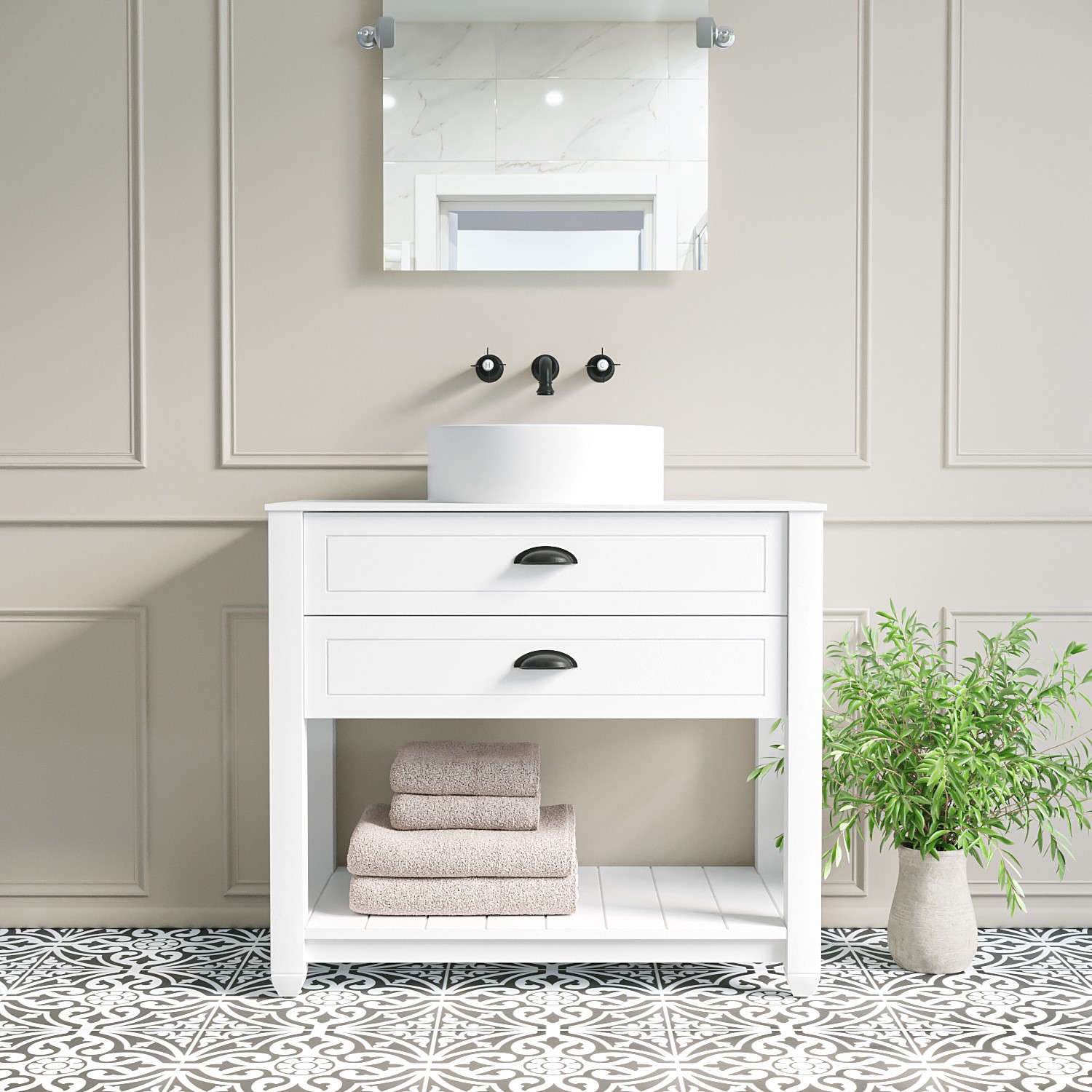 850mm White Freestanding Countertop Vanity with White Worktop and Basin - Kentmere