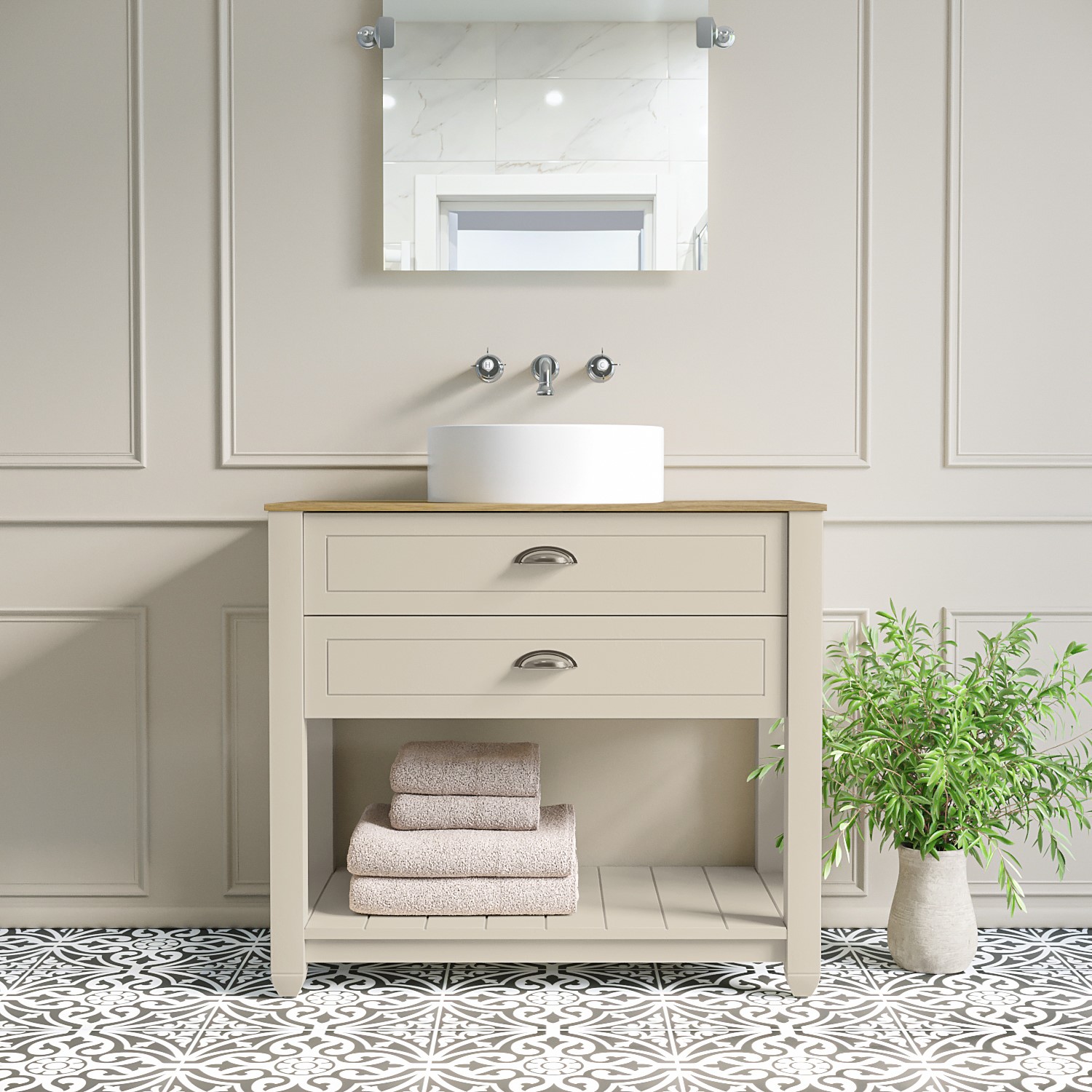 850mm Beige Freestanding Countertop Vanity with Wood Effect Worktop and Basin - Kentmere