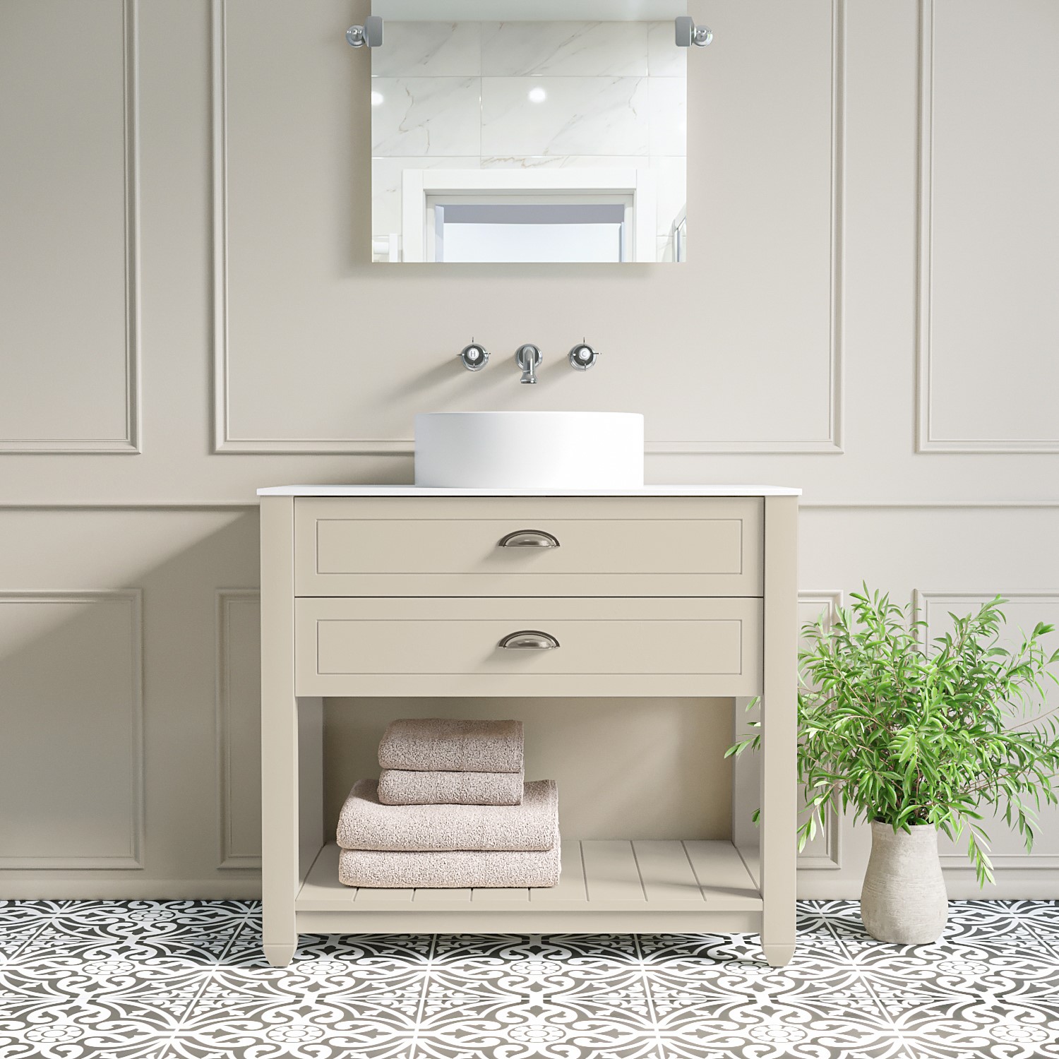 850mm Beige Freestanding Countertop Vanity with White Worktop and Basin - Kentmere