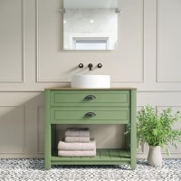 850mm Green Traditional Freestanding Vanity Unit with Wood Effect Top and Black Handles - Kentmere