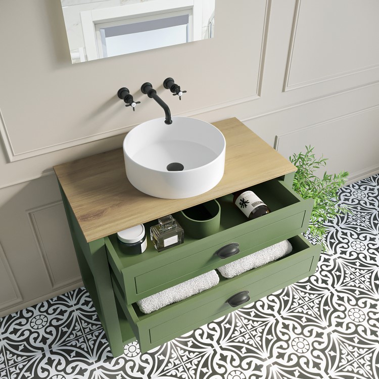 850mm Green Traditional Freestanding Vanity Unit with Wood Effect Top and Black Handles - Kentmere