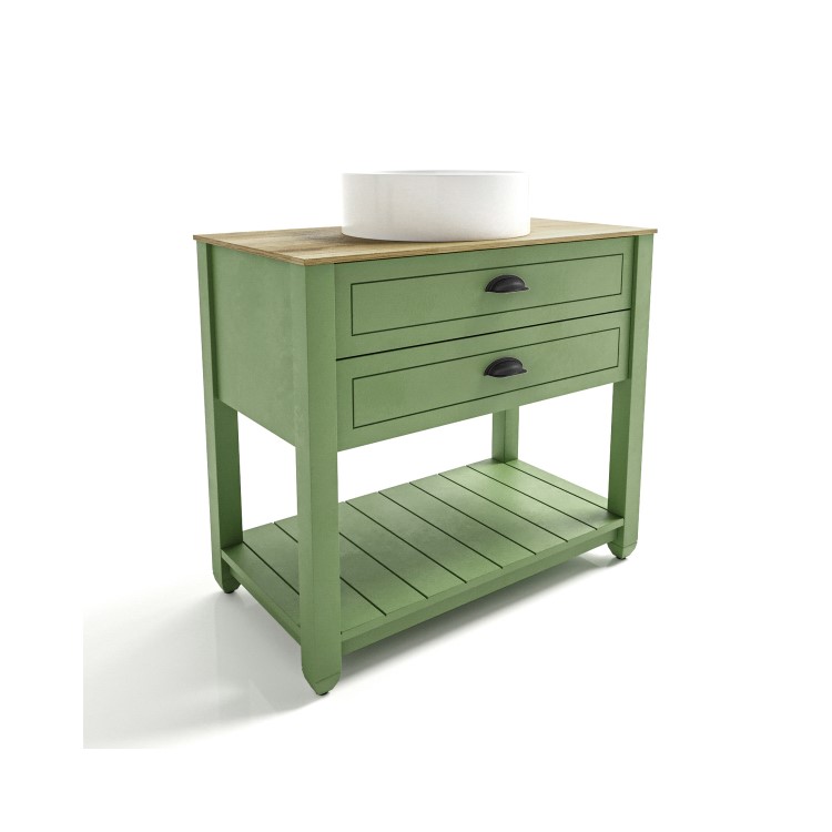 850mm Green Traditional Freestanding Vanity Unit with Wood Effect Top and Black Handles - Kentmere