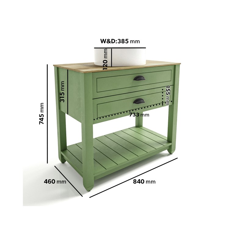 850mm Green Traditional Freestanding Vanity Unit with Wood Effect Top and Black Handles - Kentmere
