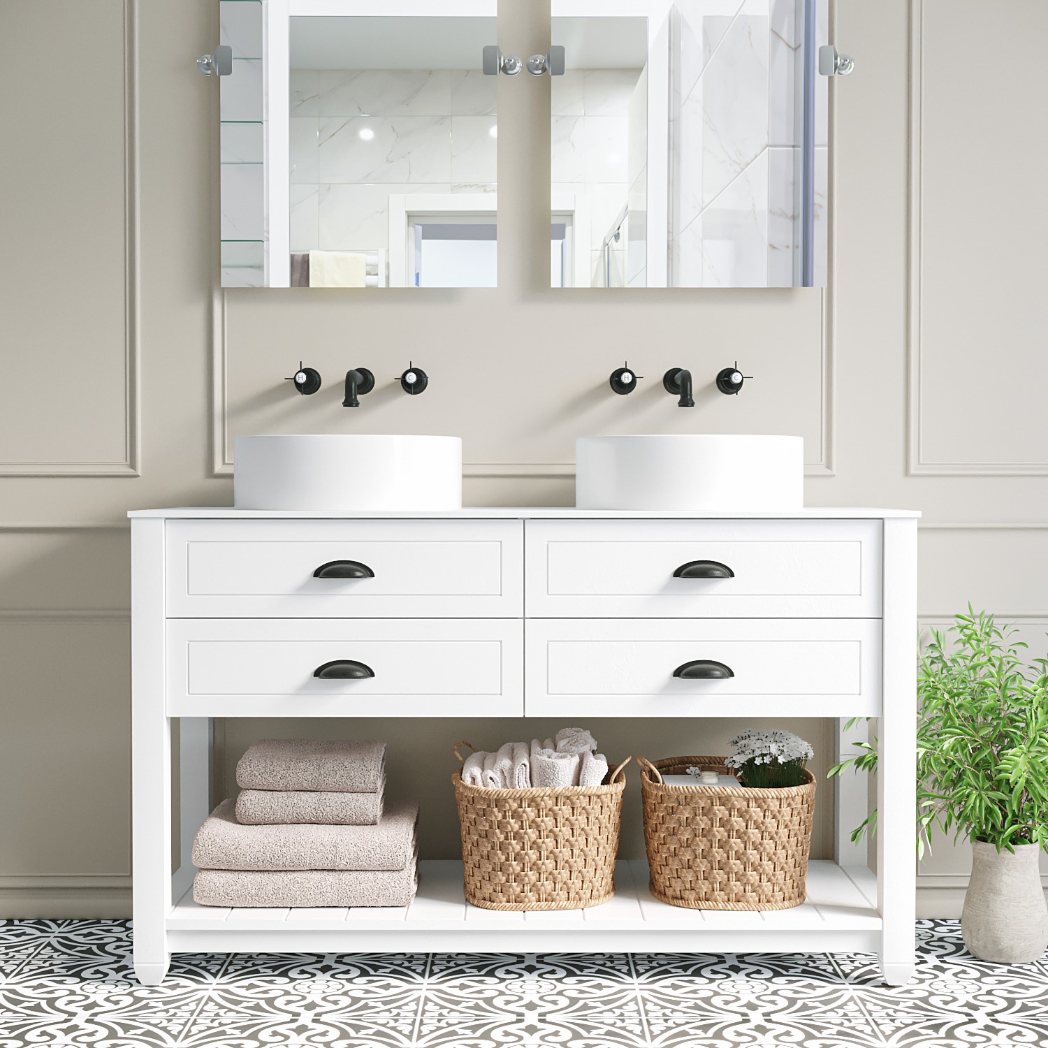 1250mm White Countertop Double Vanity Unit with White Top and Basins - Kentmere