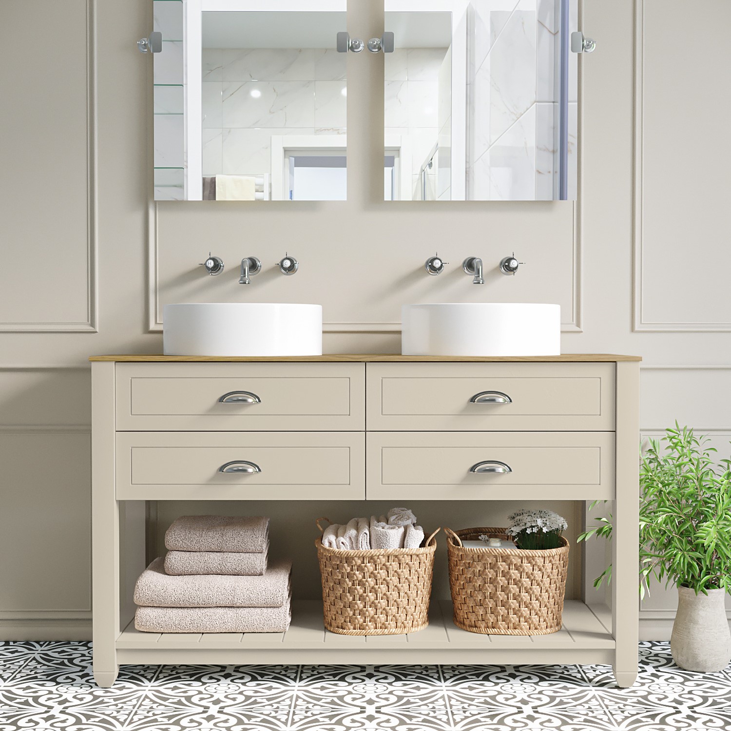 1250mm Beige Countertop Double Vanity Unit with Wood Effect Top and Basins - Kentmere