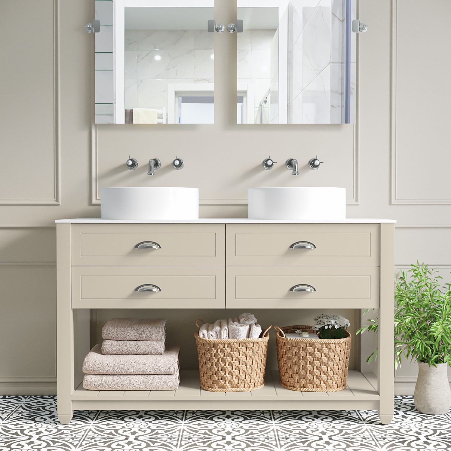 1250mm Beige Countertop Double Vanity Unit with White Top and Basins - Kentmere