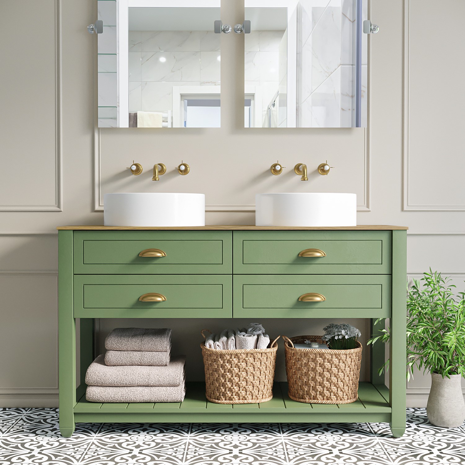 1250mm Green Countertop Double Vanity Unit with Wood Effect Top and Basins - Kentmere