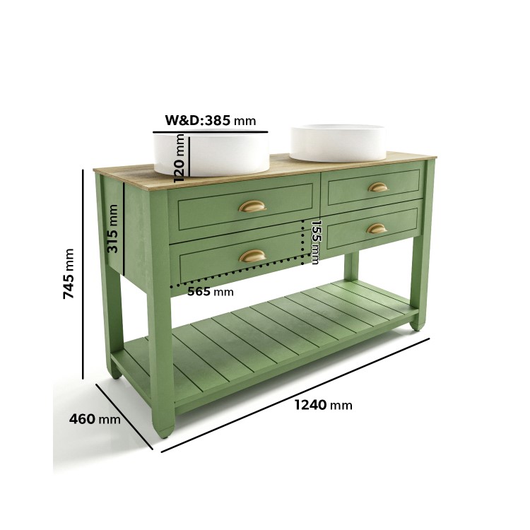1250mm Green Traditional Freestanding Vanity Unit with Basins and Brass Handles - Kentmere