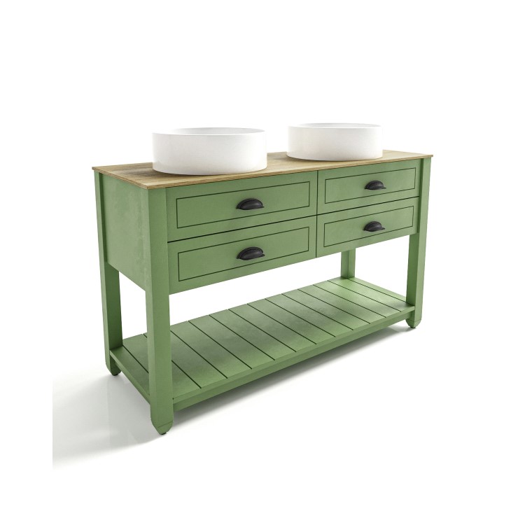 1250mm Green Traditional Freestanding Vanity Unit with Wood Effect Top and Black Handles - Kentmere
