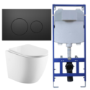 Wall Hung Rimless Toilet with Soft Close Seat, Matt Black Pneumatic Flush Plate, 1160mm Frame & Cistern – Roma