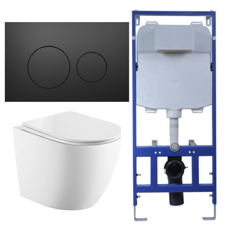 Wall Hung Rimless Toilet with Soft Close Seat, Matt Black Pneumatic Flush Plate, 1160mm Frame & Cistern – Roma