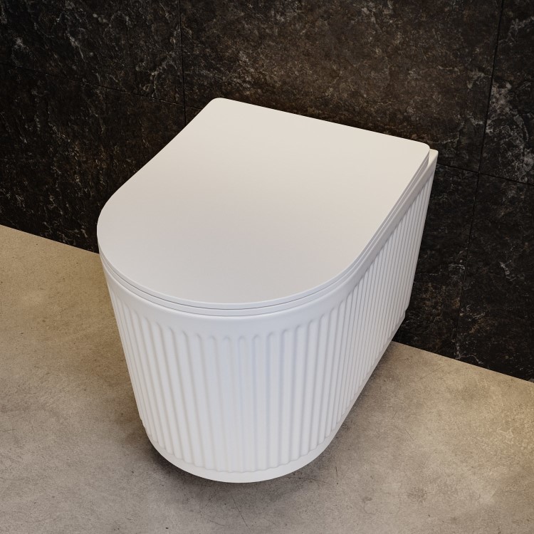 Fluted Wall Hung Rimless Toilet with Soft Close Seat, Chrome Pneumatic Flush Plate, 820mm Frame & Cistern – Oregon