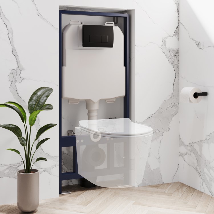 1168mm Wall Hung Toilet Frame & Matt Black Pnuematic Dual Flush Plate with Concealed Cistern - Elira
