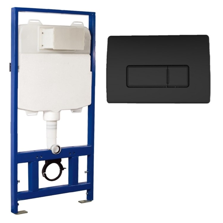 1168mm Wall Hung Toilet Frame & Matt Black Pnuematic Dual Flush Plate with Concealed Cistern - Elira