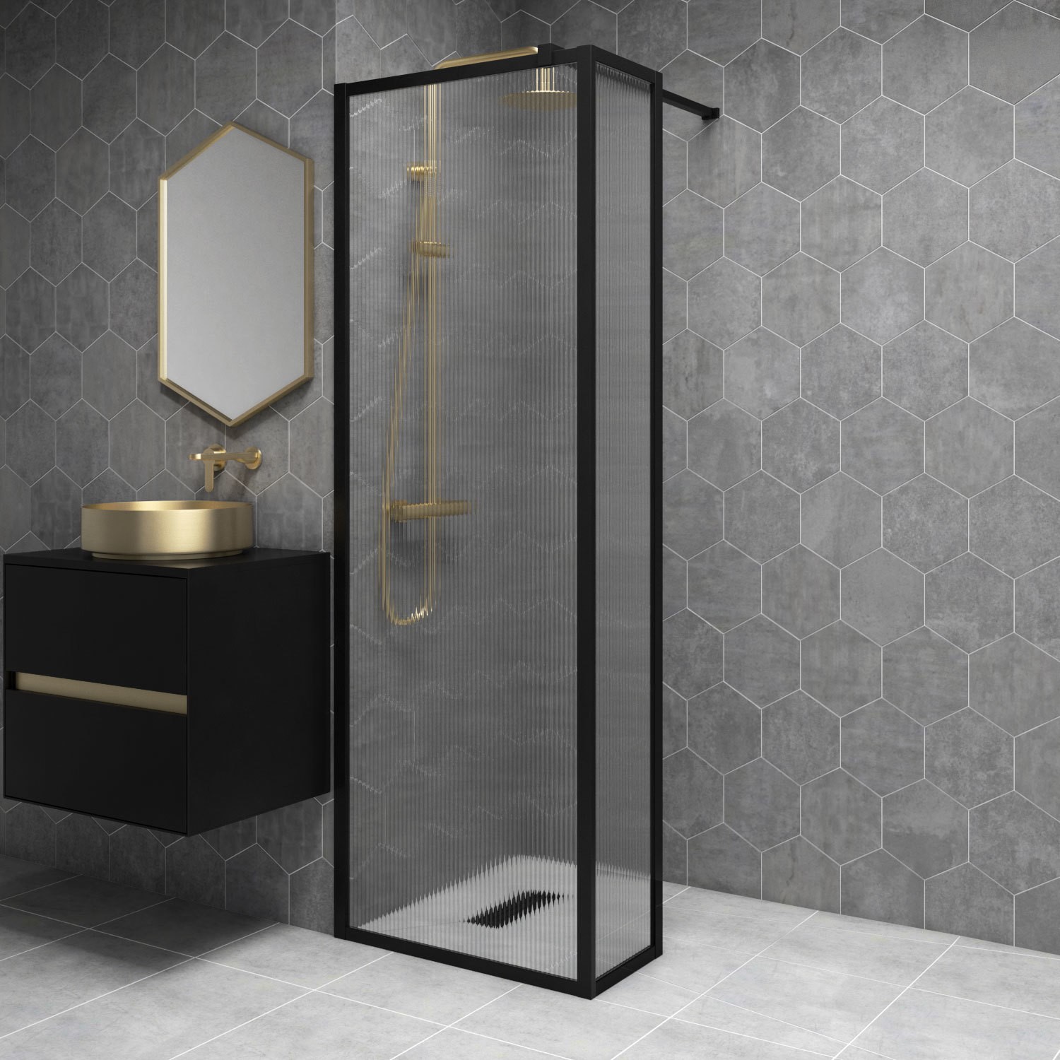 Black 700mm Fluted Glass Wet Room Shower Screen with Wall Support Bar & Return Panel - Volan
