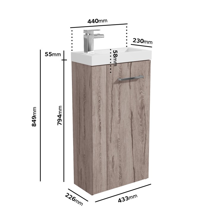 430mm Wood Effect  Freestanding Cloakroom Vanity Unit with Basin and Chrome Handle - Virgo