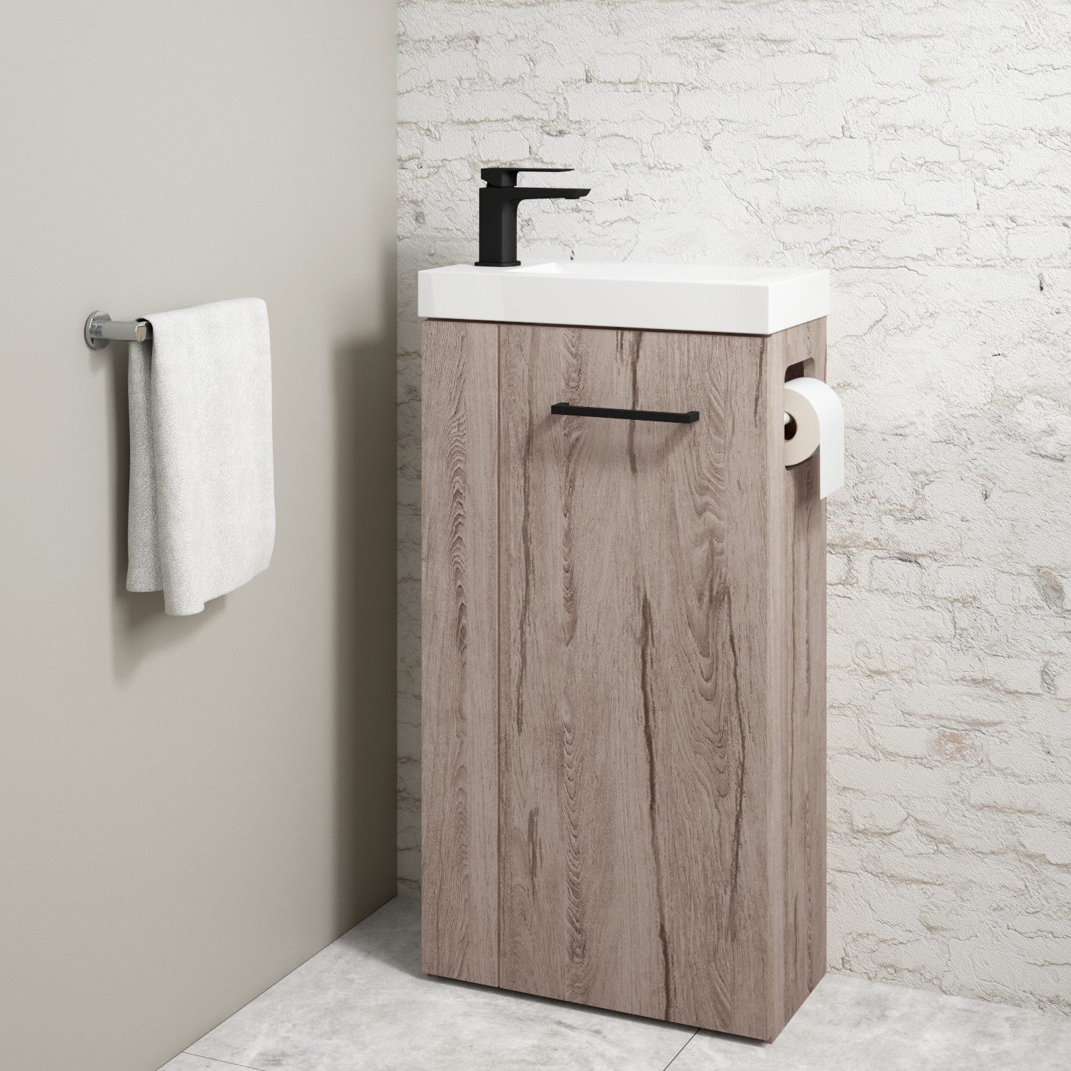 430mm Wood Effect Cloakroom Freestanding Vanity Unit with Basin and Black Handle - Virgo