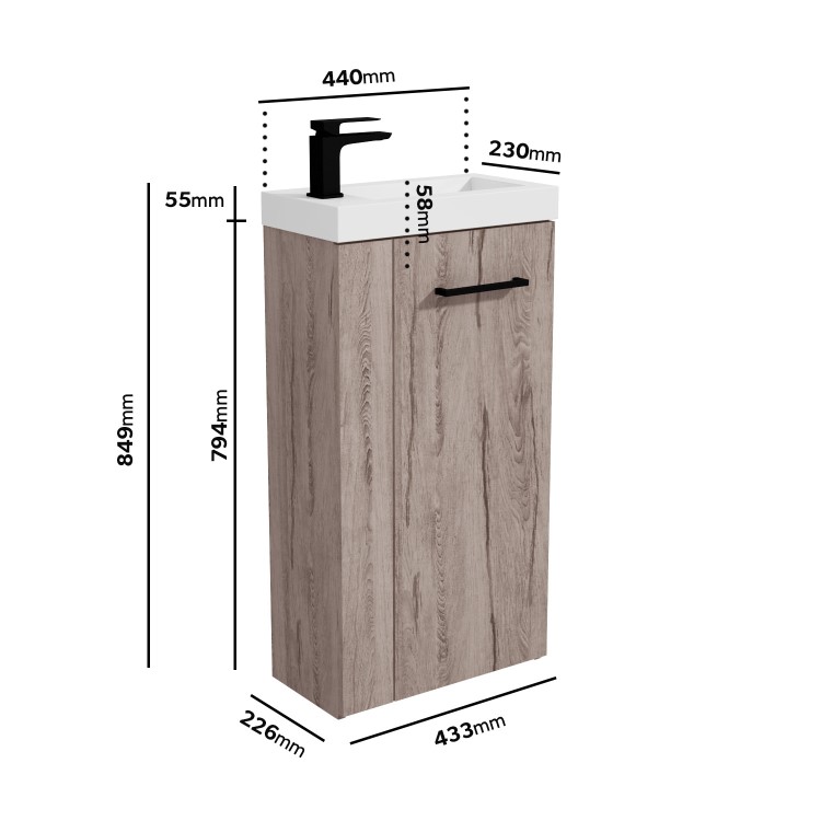 430mm Wood Effect Cloakroom Freestanding Vanity Unit with Basin and Black Handle - Virgo 