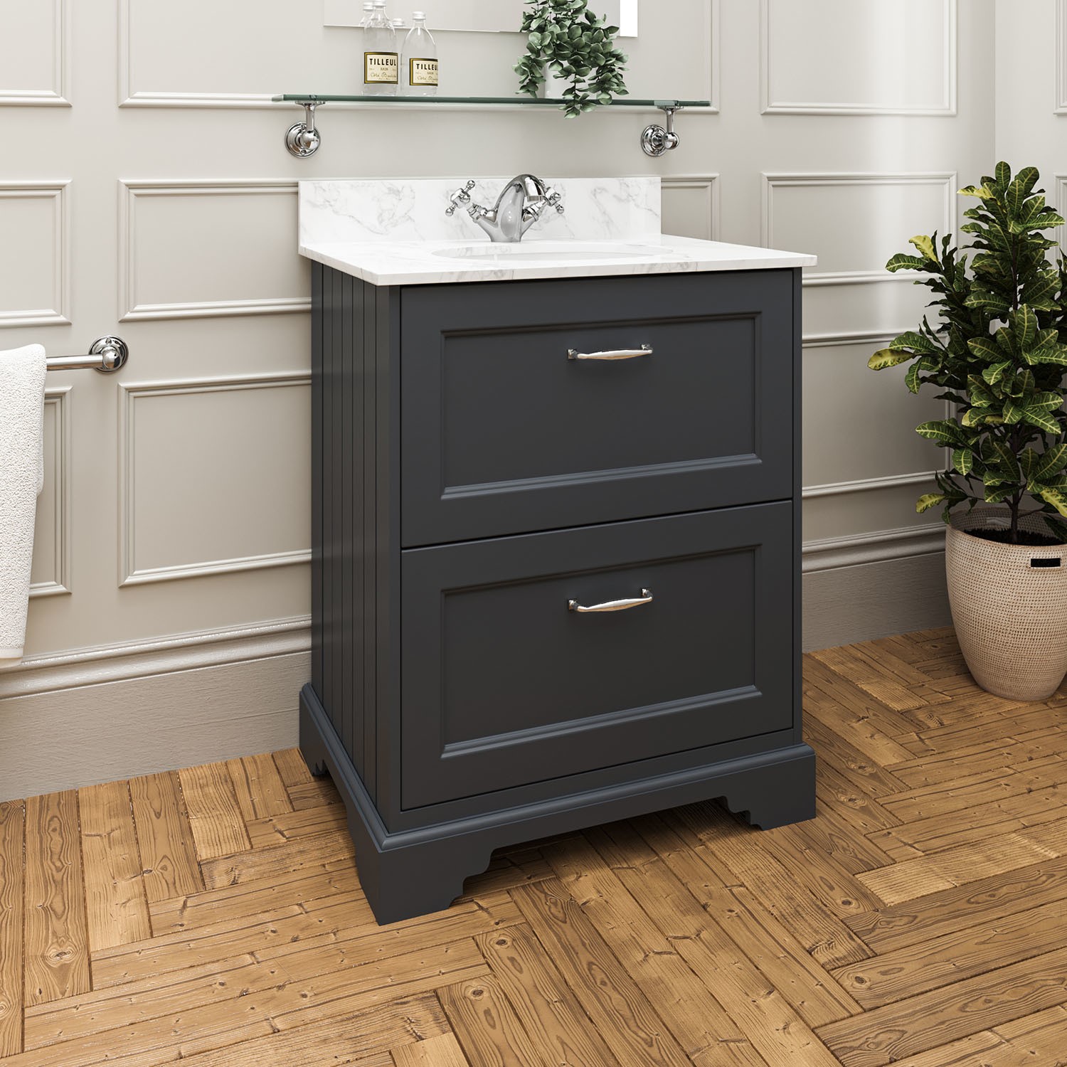 600mm Dark Grey Freestanding Marble Top Vanity Unit - Ashbourne