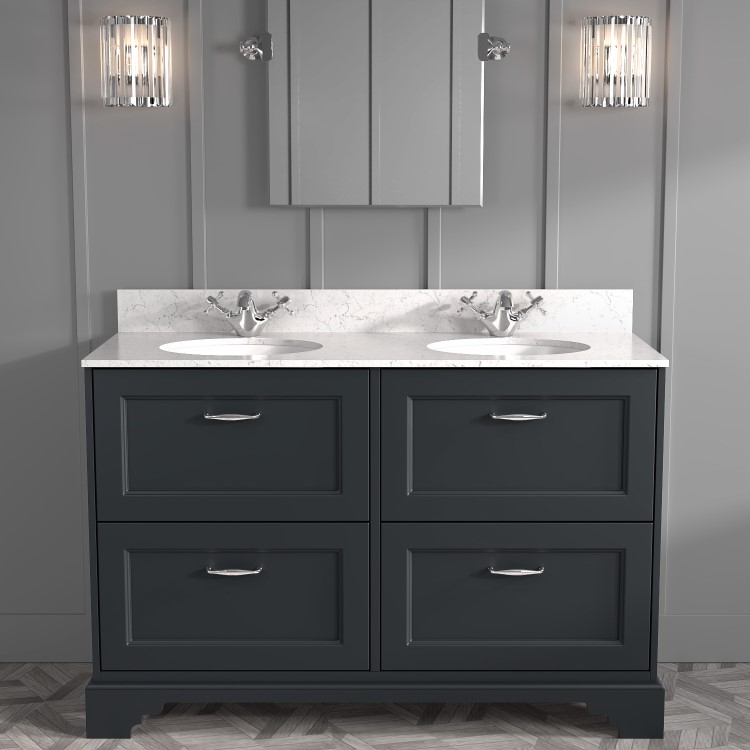 Grade A1 - 1200mm Dark Grey Freestanding Marble Top Double Vanity Unit - Ashbourne