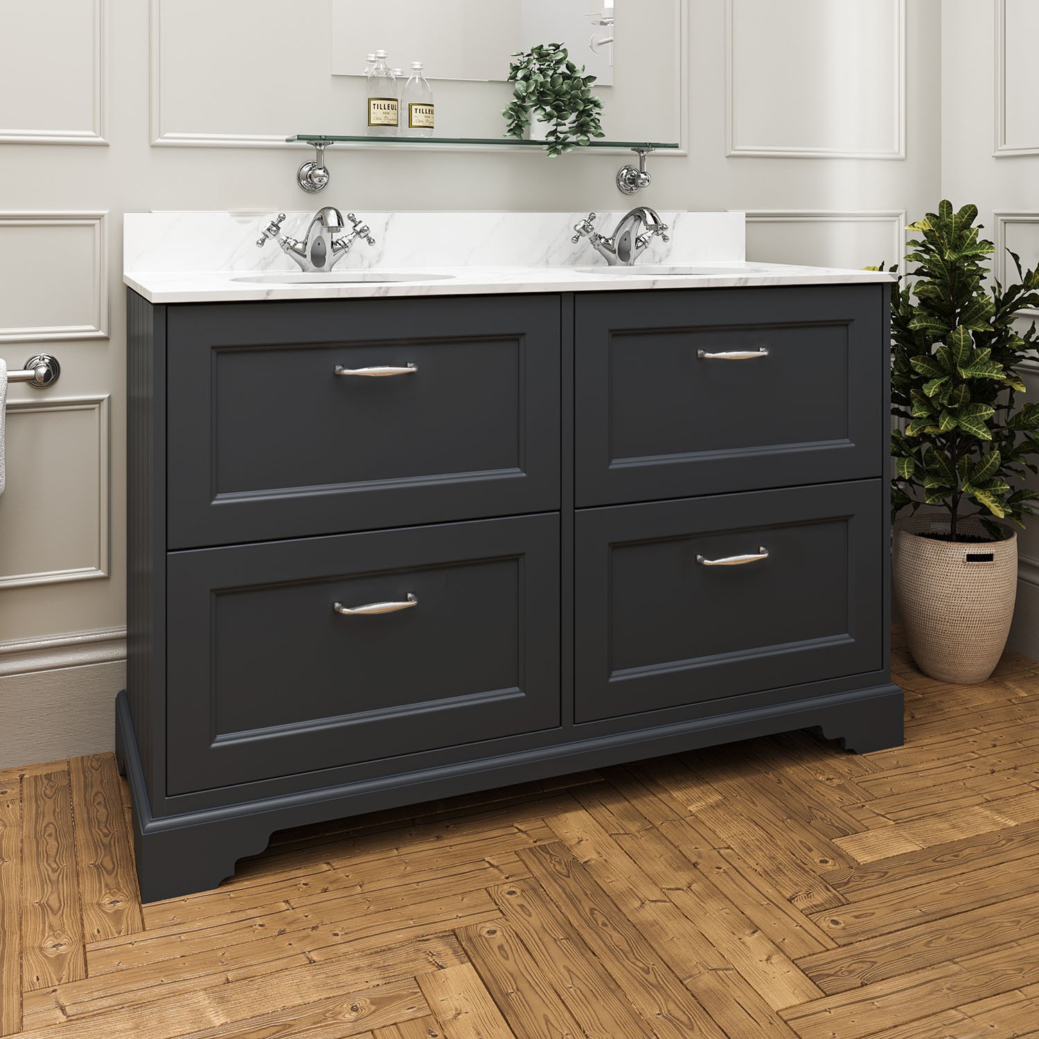 1200mm Dark Grey Freestanding Marble Top Double Vanity Unit - Ashbourne