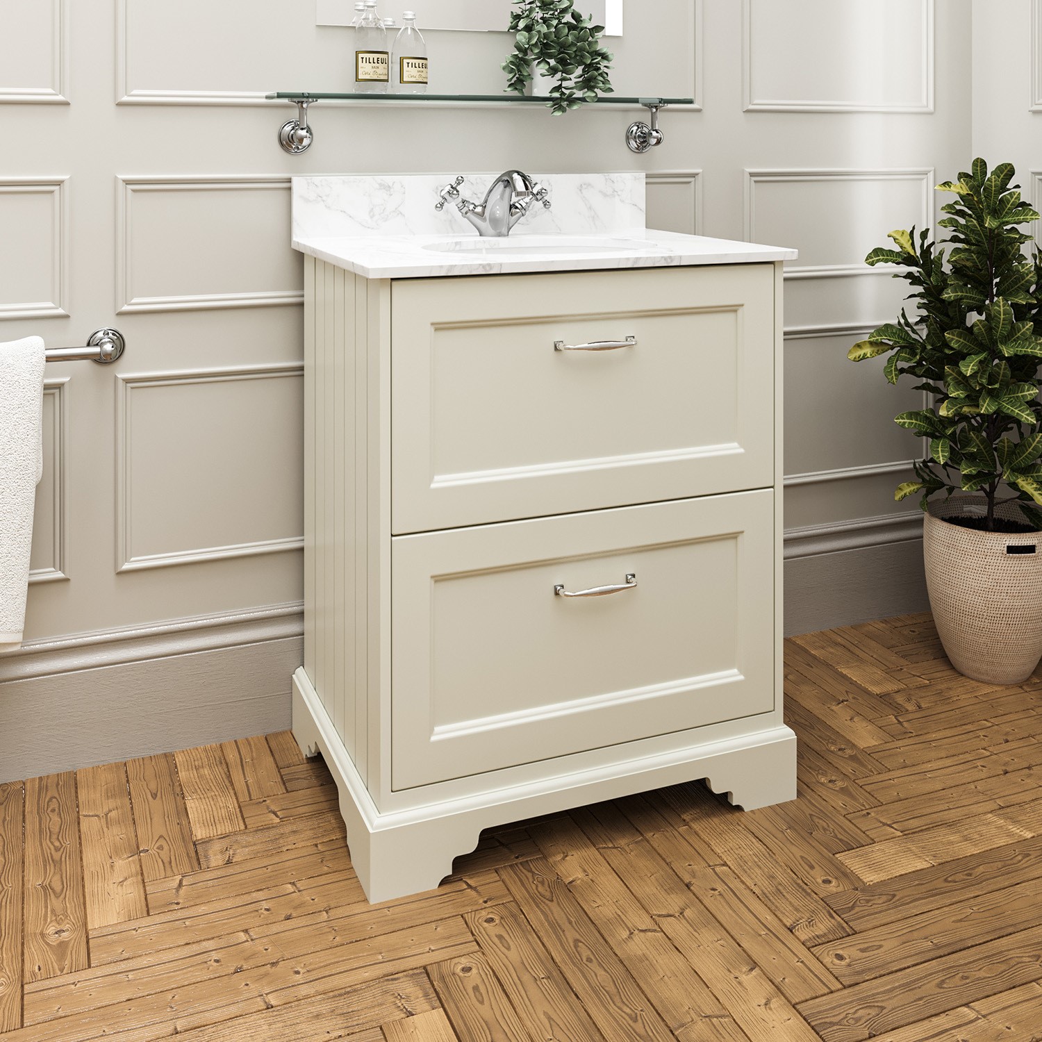 600mm White Freestanding Marble Top Vanity Unit - Ashbourne