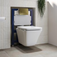 Wall Hung Toilet with Soft Close Seat Brushed Brass Pneumatic Flush Plate 820mm Frame & Cistern - Boston Wall Hung Toilet with Soft Close Seat Brushed Brass Pneumatic Flush Plate 820mm Frame & Cistern - Boston