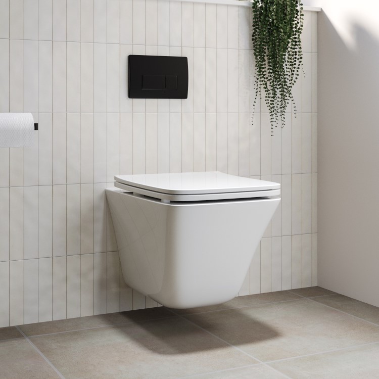 Wall Hung Rimless Toilet with Soft Close Seat and Matt Black Pneumatic Flush Plate, 1168mm Frame & Cistern – Boston