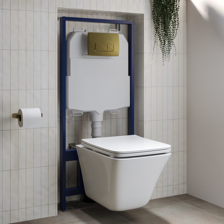 Wall Hung Rimless Toilet with Soft Close Seat and Brushed Brass Pneumatic Flush Plate, 1168mm Frame & Cistern – Boston