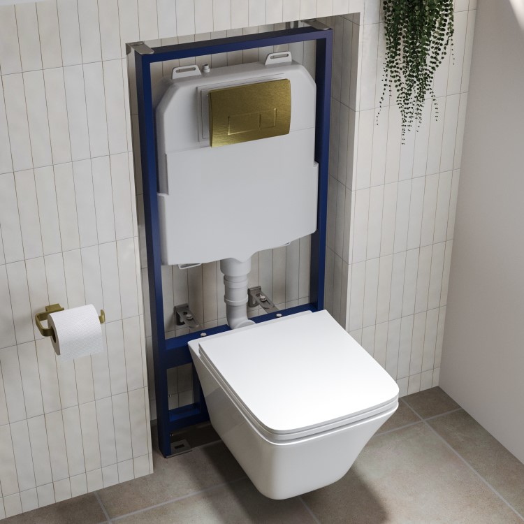 Wall Hung Rimless Toilet with Soft Close Seat and Brushed Brass Pneumatic Flush Plate, 1168mm Frame & Cistern – Boston