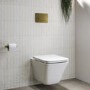 Wall Hung Rimless Toilet with Soft Close Seat and Brushed Brass Pneumatic Flush Plate, 1168mm Frame & Cistern – Boston