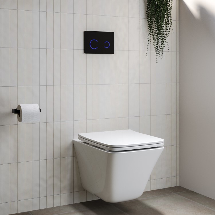Wall Hung Rimless Toilet with Soft Close Seat and Black Glass Sensor Flush Plate, 1168mm Frame & Cistern – Boston
